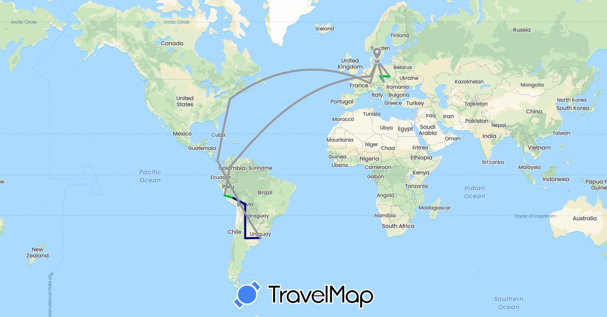 TravelMap itinerary: driving, bus, plane in Argentina, Austria, Bolivia, Switzerland, Colombia, Czech Republic, Germany, Denmark, Panama, Peru, Poland, United States, Uruguay (Europe, North America, South America)