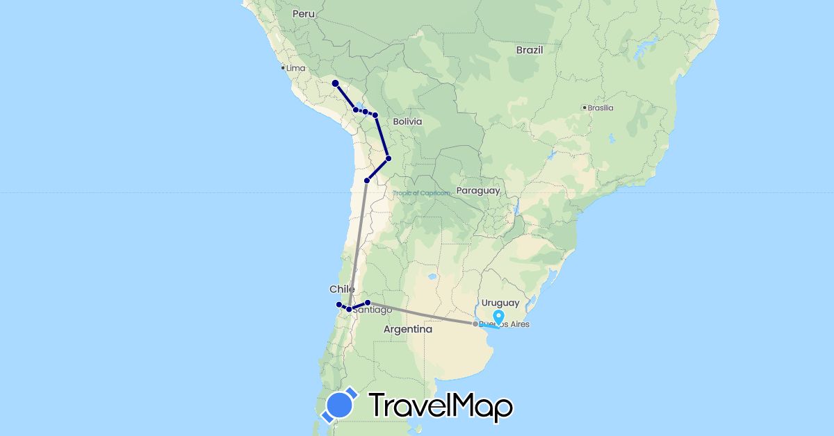 TravelMap itinerary: driving, plane, boat in Argentina, Bolivia, Chile, Peru, Uruguay (South America)